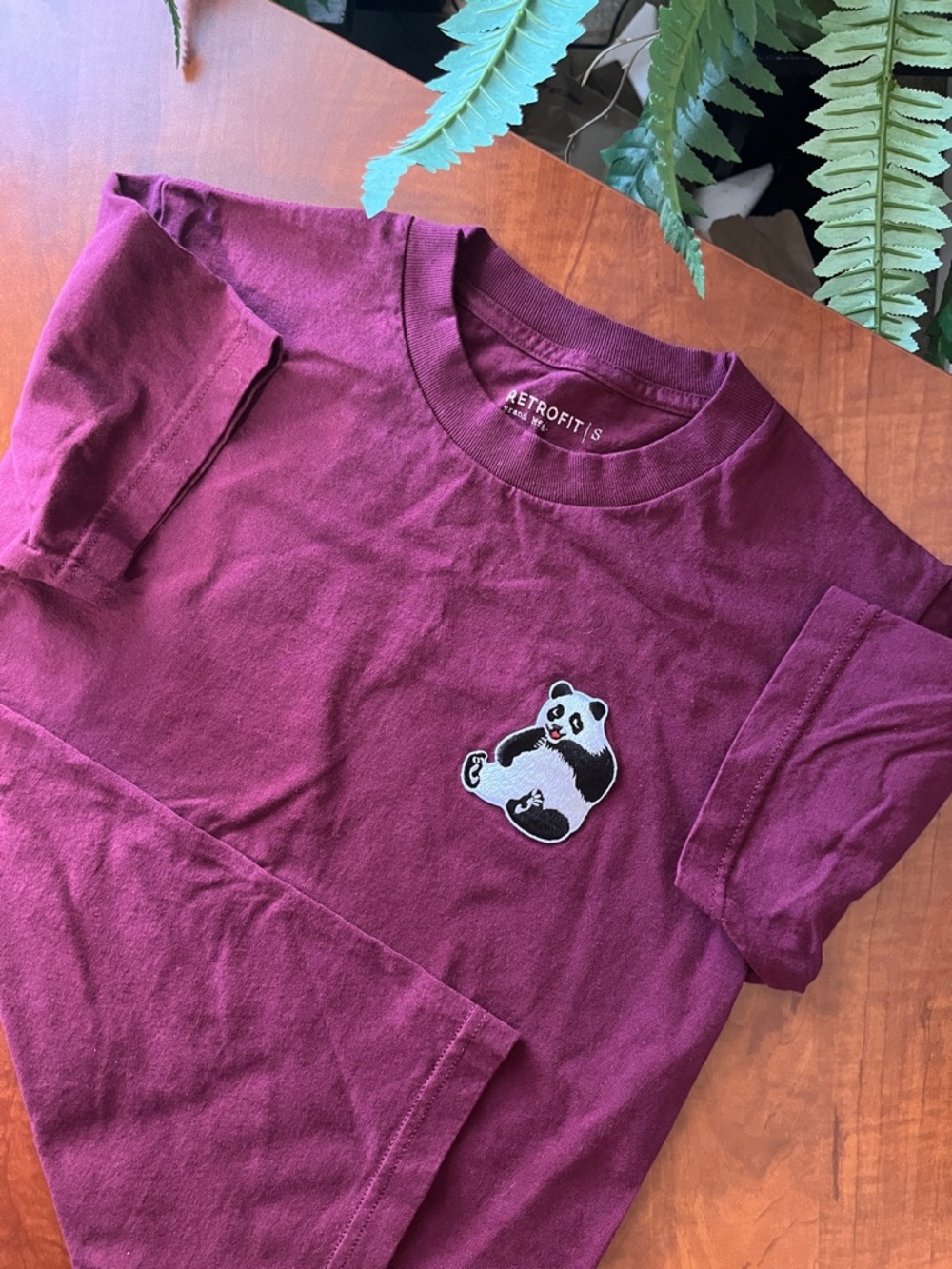 Panda 🐼 Patch Tee Maroon Burgundy Retrofit Cute!